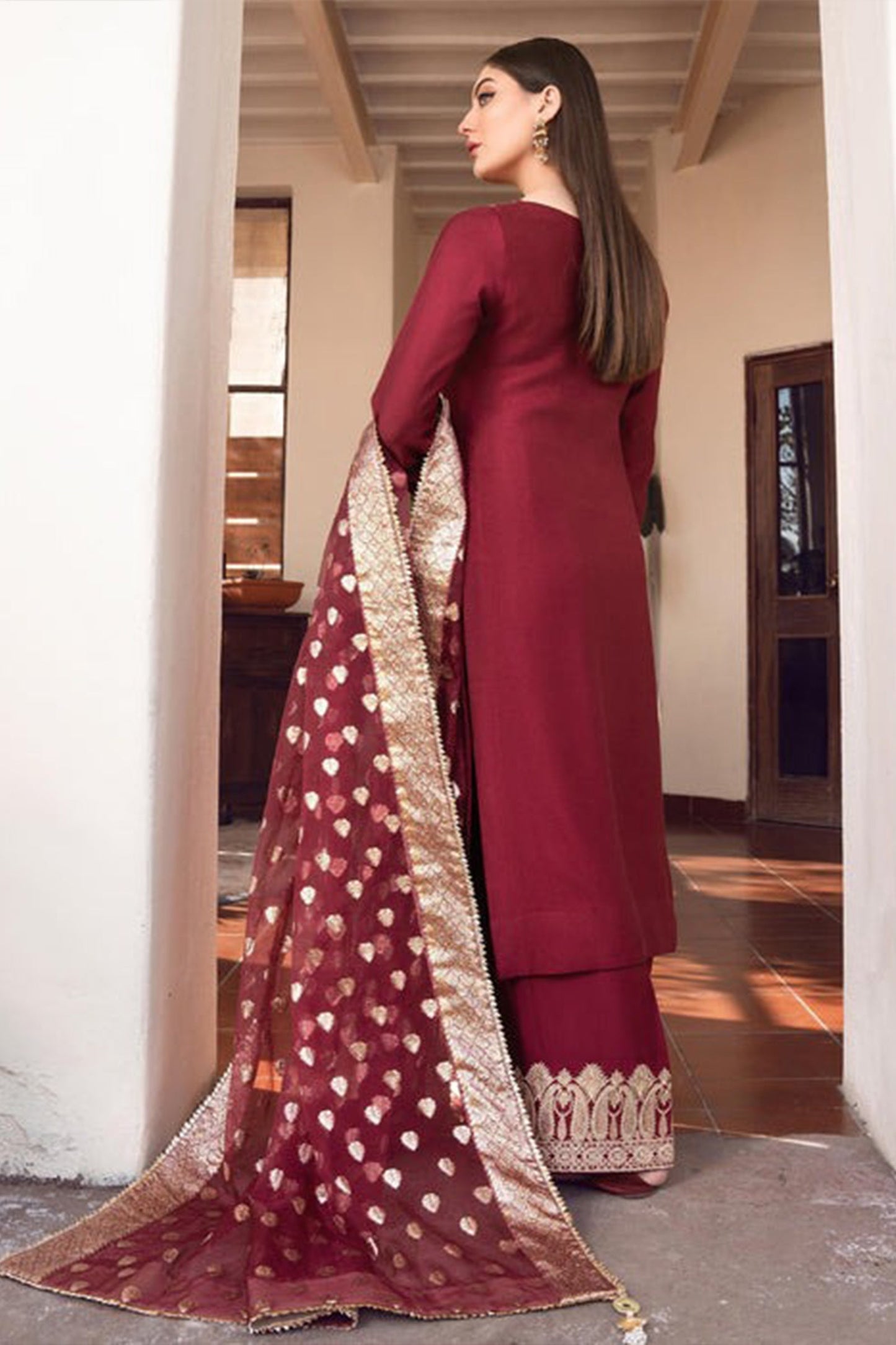 CF882- Winter 3pc shamoz silk frock style embroidered suit