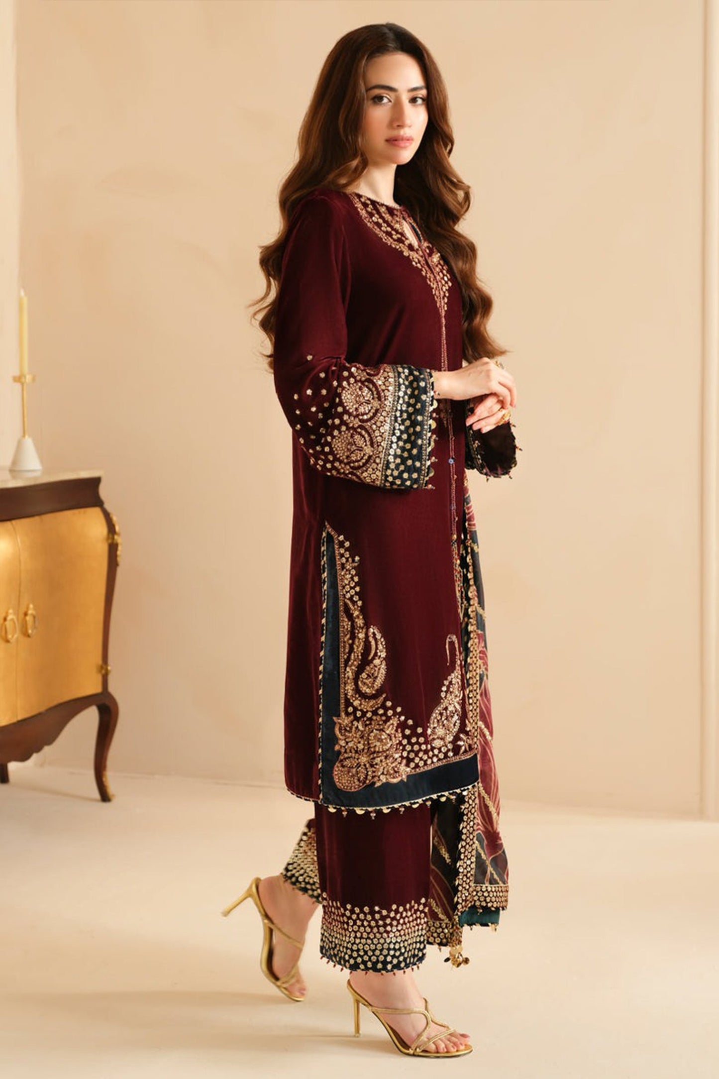 CF1107 Winter Jazmin Velvet Embroidered with Printed organza duppatta Winter Collection