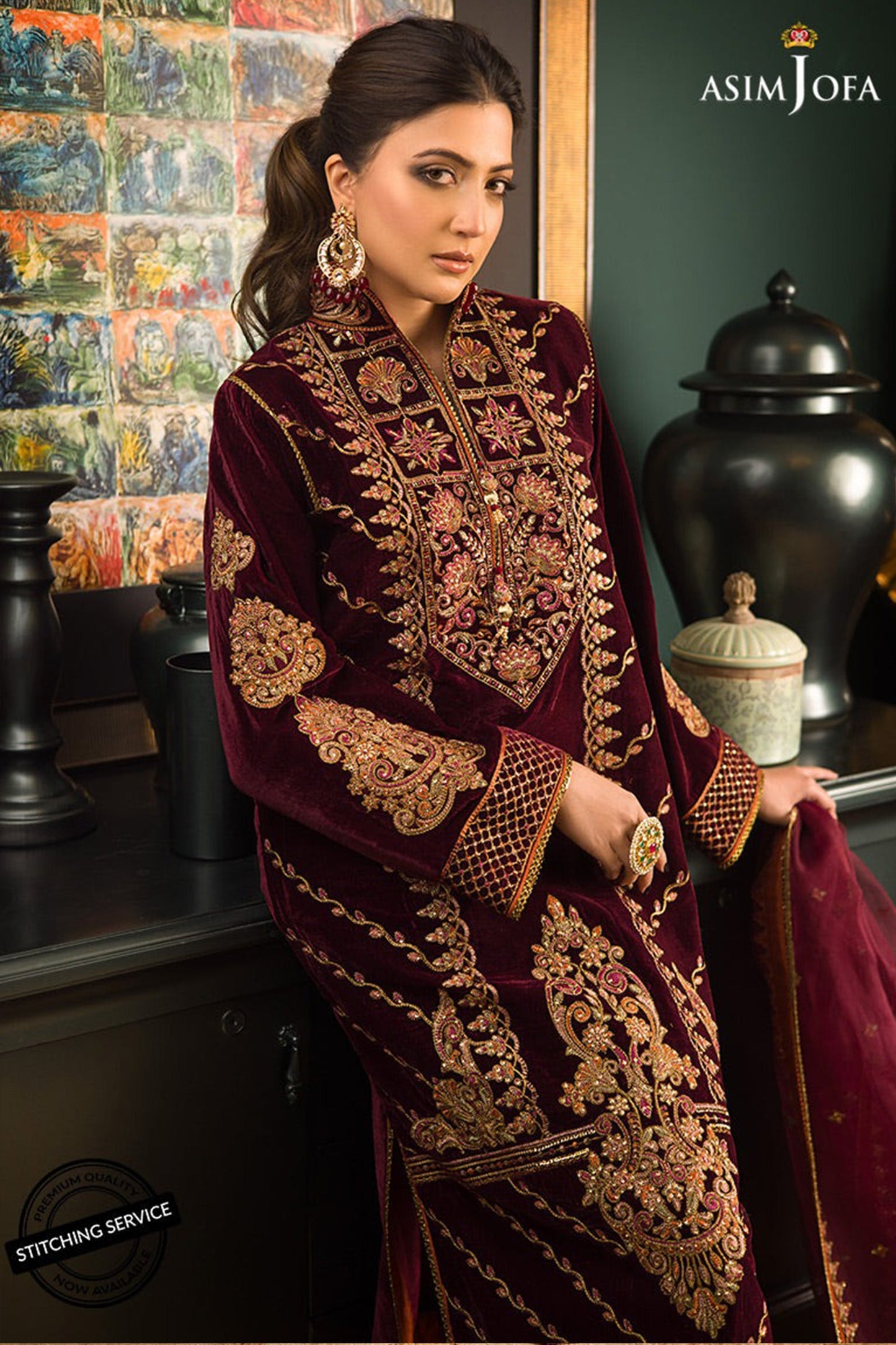 CF1113 Asim jofa Winter Embroidered Velvet Dress With Organza embroidered Dopata