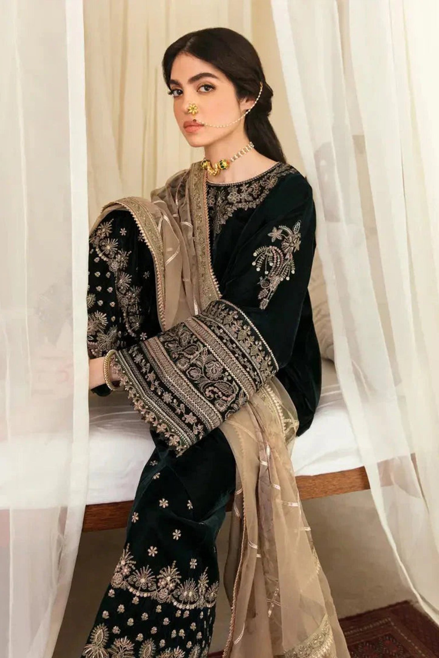 CF1118-Winter Baroque Embroidered Velvet Dress With Organza embroidered Dopata