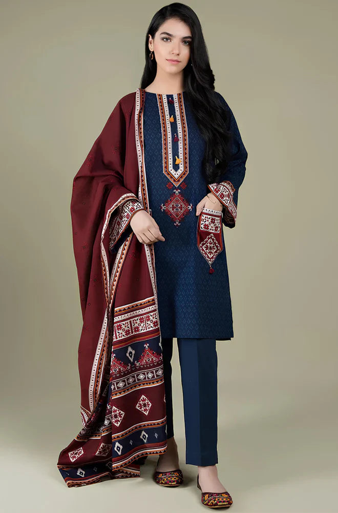 CF416-WINTER 3PC Linen Embroidered suit with Printed Shawll