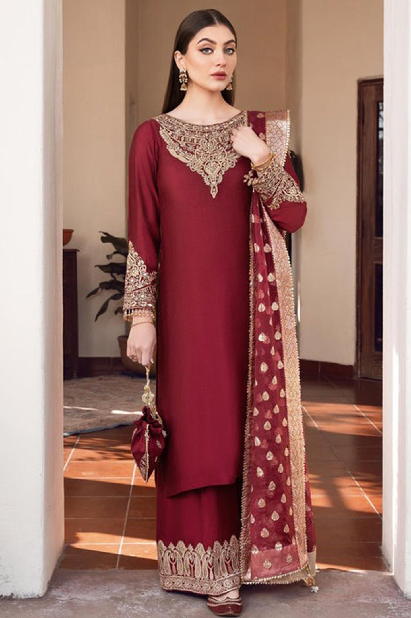 CF882- Winter 3pc shamoz silk frock style embroidered suit
