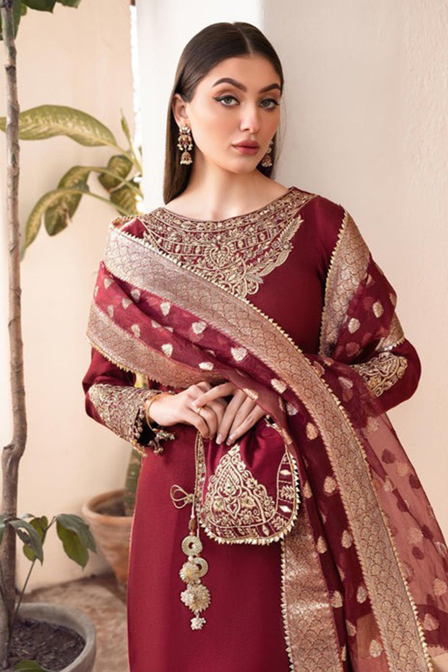 CF882- Winter 3pc shamoz silk frock style embroidered suit