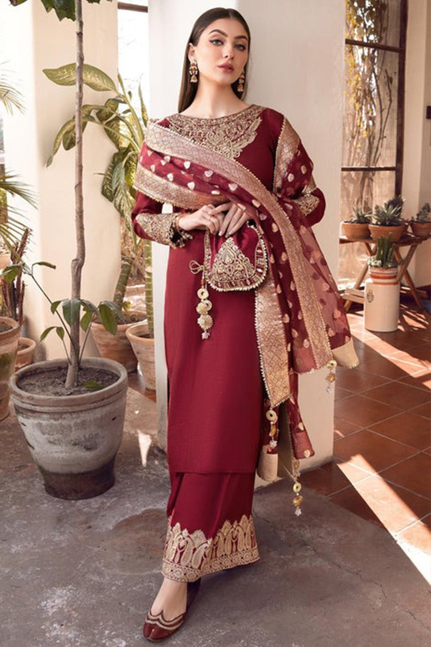 CF882- Winter 3pc shamoz silk frock style embroidered suit