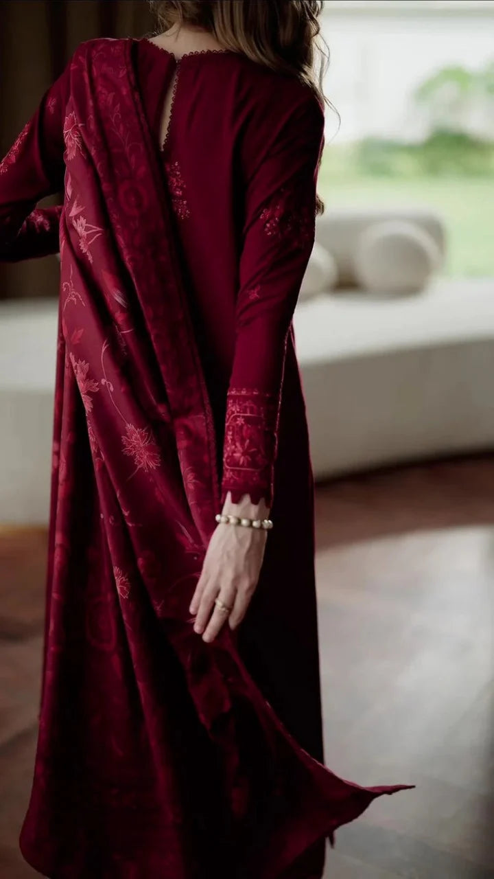 CF1238 UNSTITCHED WINTER BATIK-3PC DHANAK EMBROIDERED SHIRT WITH COURTRAI PRINTED SHAWL & TROUSER-