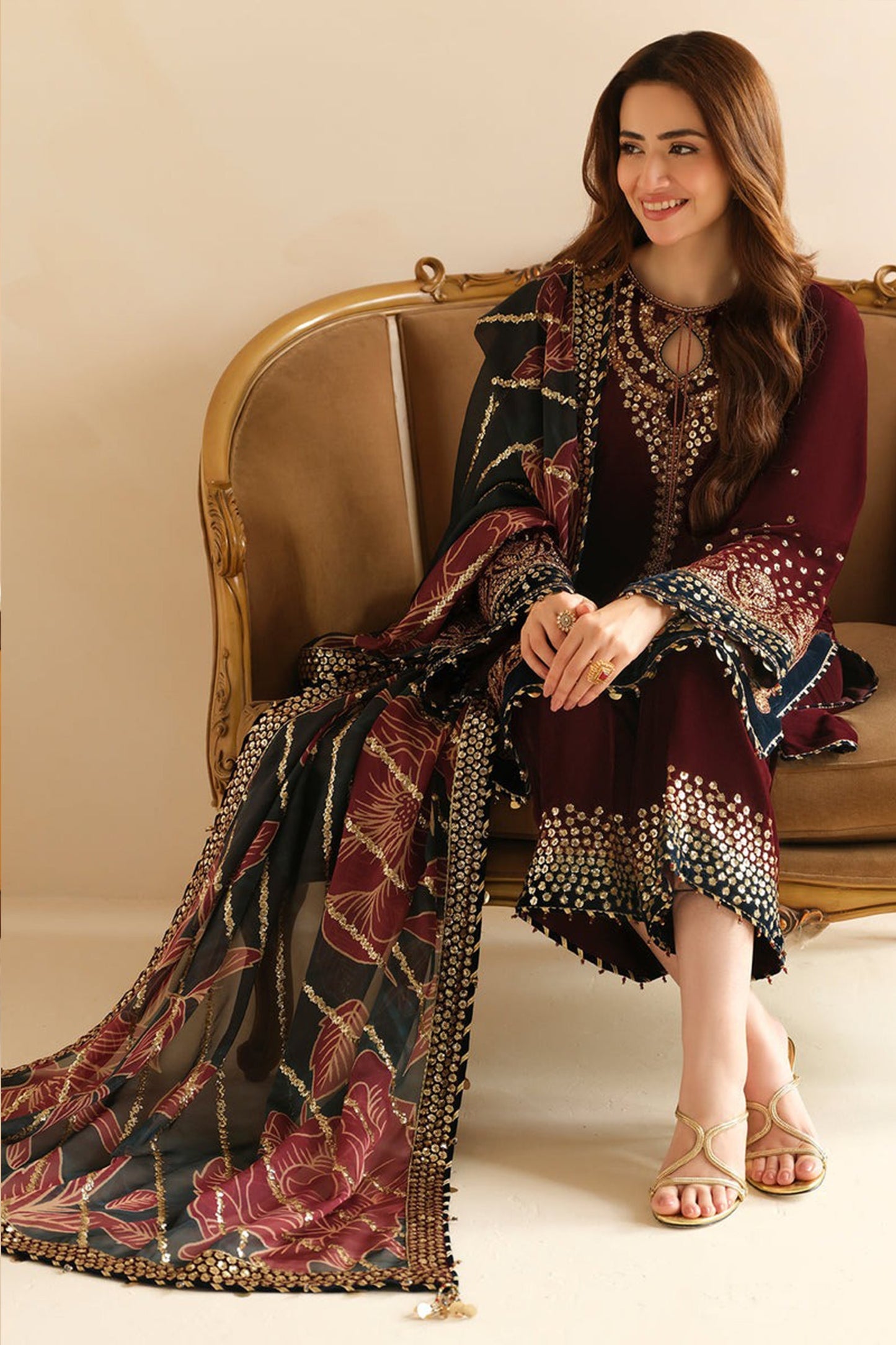 CF1107 Winter Jazmin Velvet Embroidered with Printed organza duppatta Winter Collection