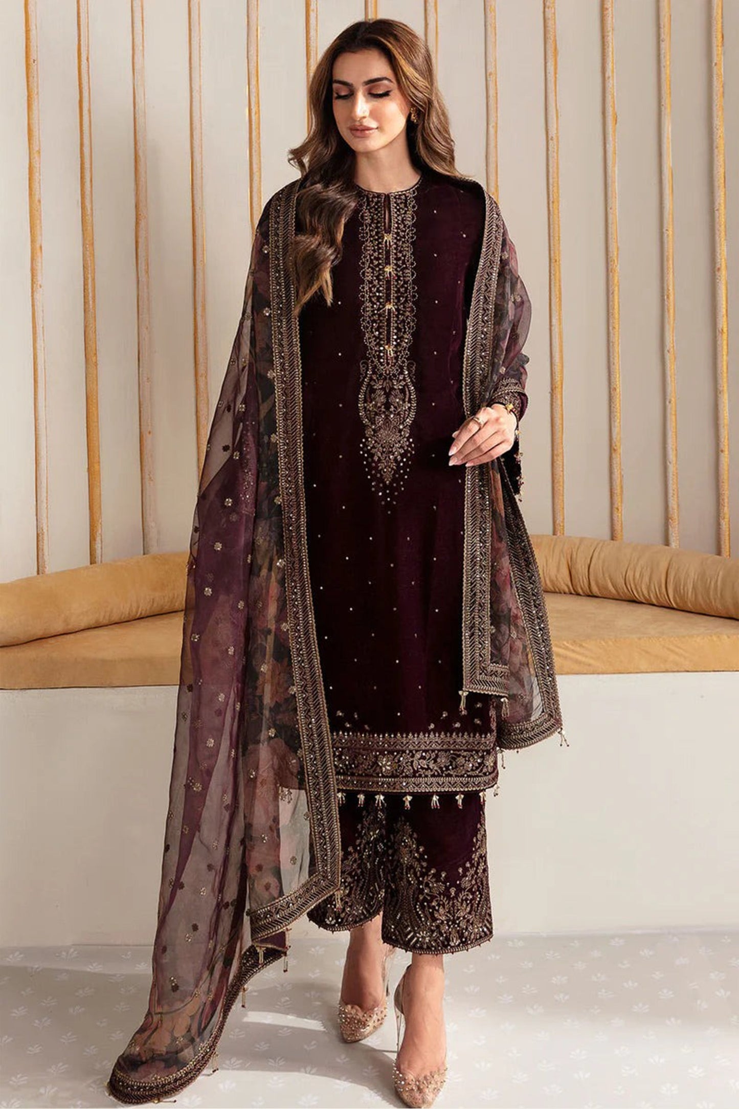 CF902-Winter Velvet Unstitched 3PCs Embroidered Dress With Organza Dupatta