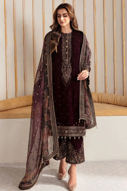 CF902-Winter Velvet Unstitched 3PCs Embroidered Dress With Organza Dupatta