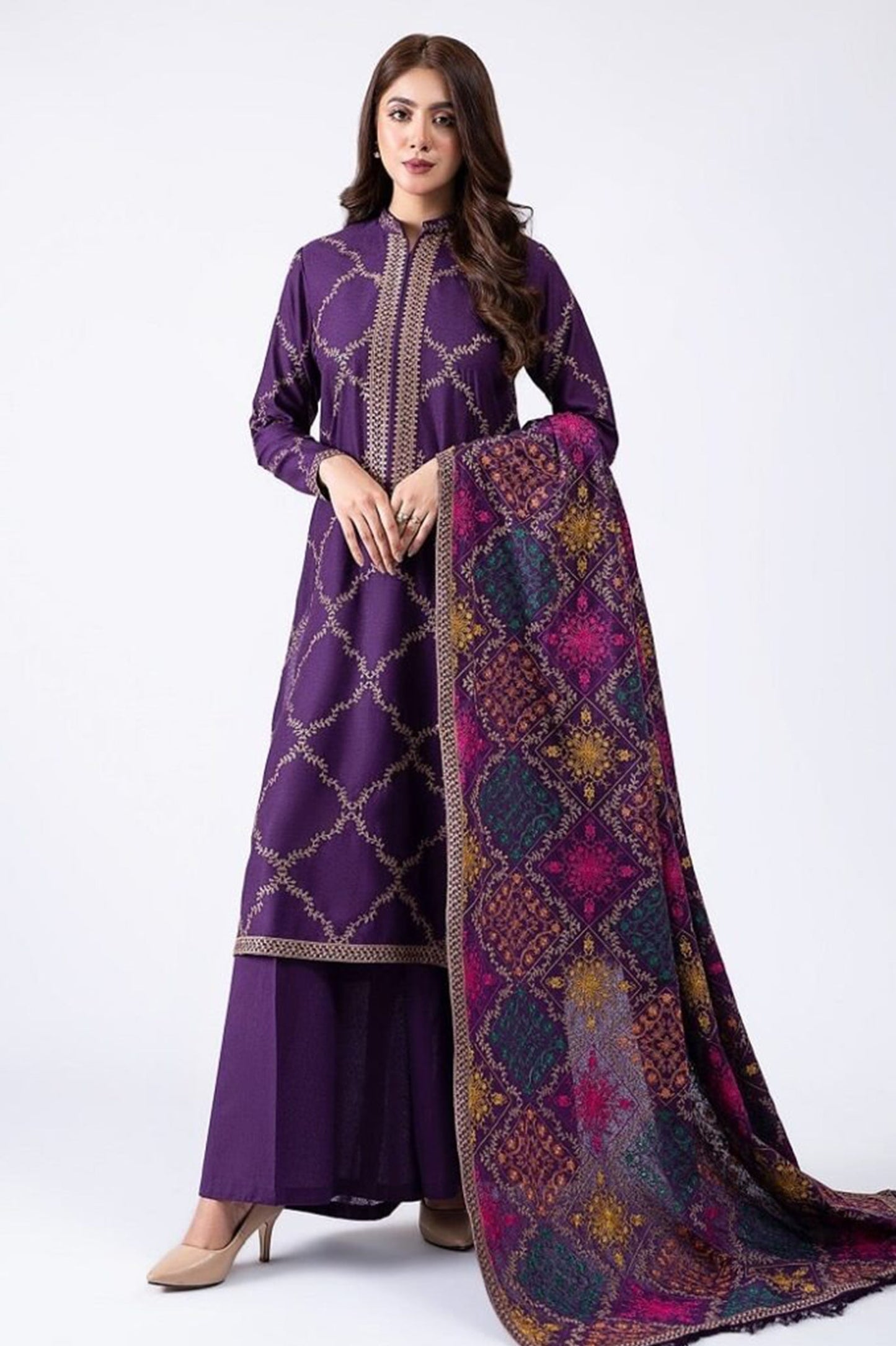 CF603-Winter 3-Pc Embroidered Dhanak Suit with Heavy Embroidered Dhanak Shawll