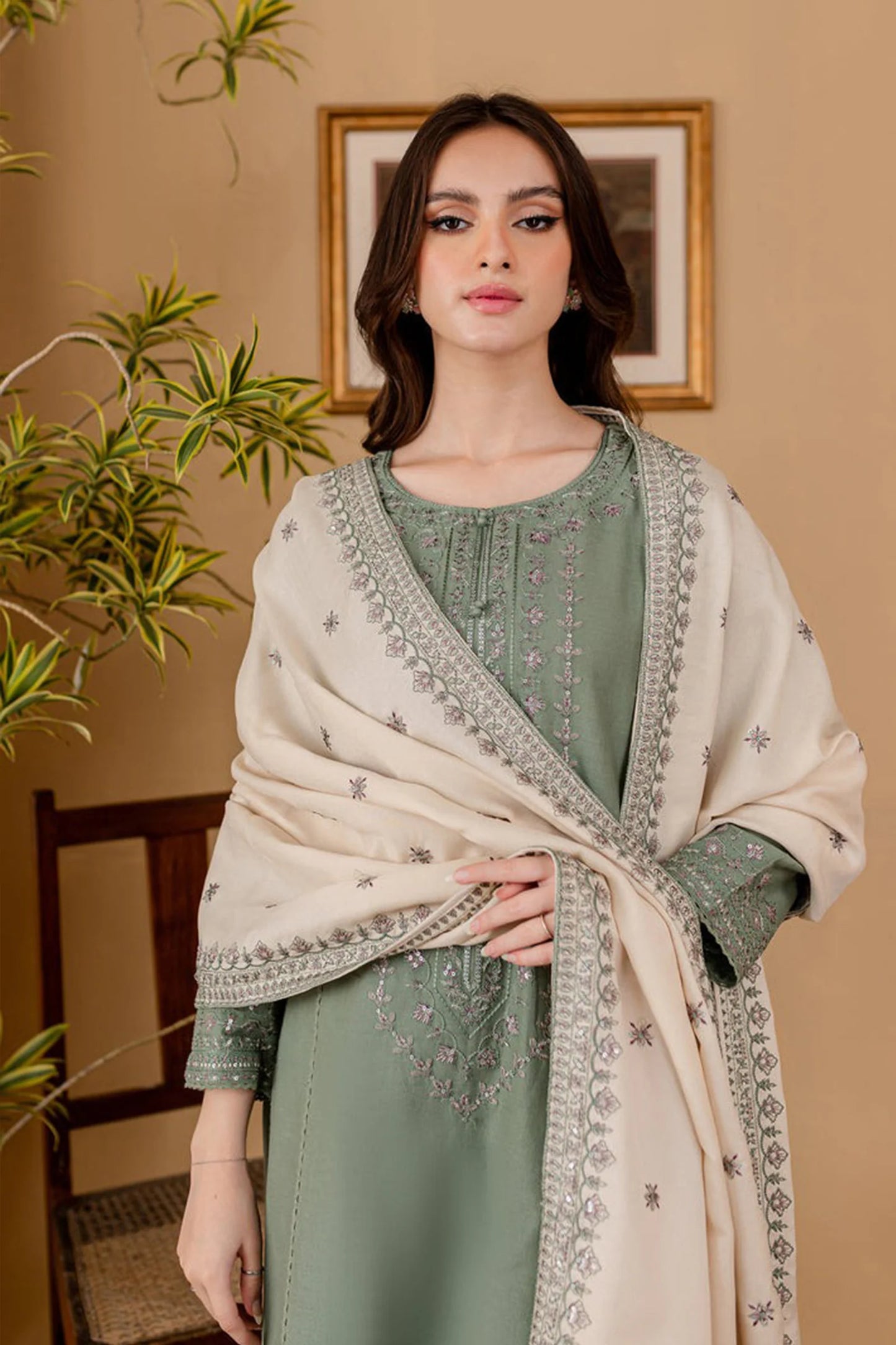 CF1121-WINTER BATIK DHANAK 3PC EMBROIDERED SHIRT WITH DHANAK EMBROIDERED SHAWL