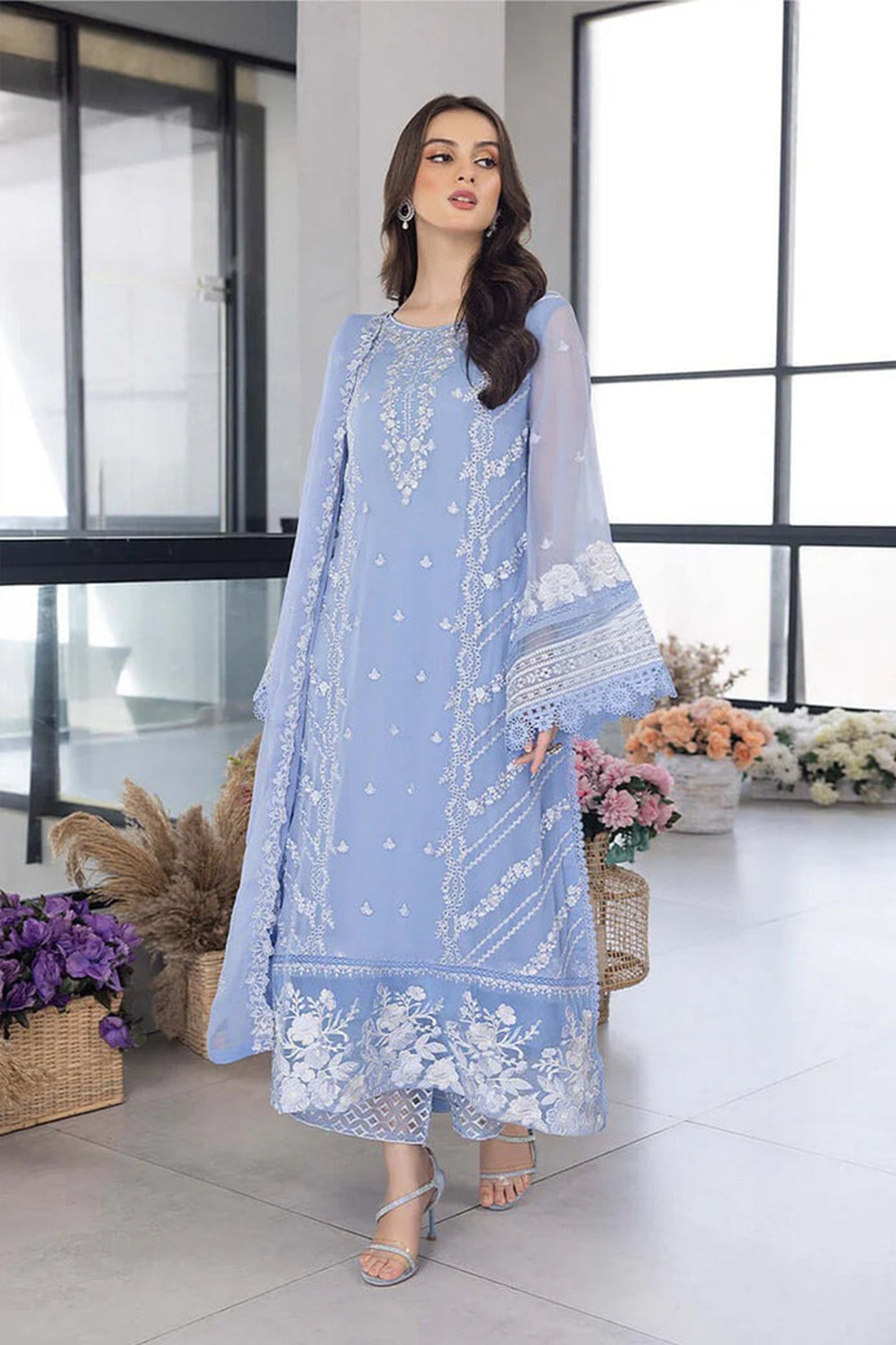 CF1123- WINTER AZURE -Embroidered 3pc organza dress with organza duppata