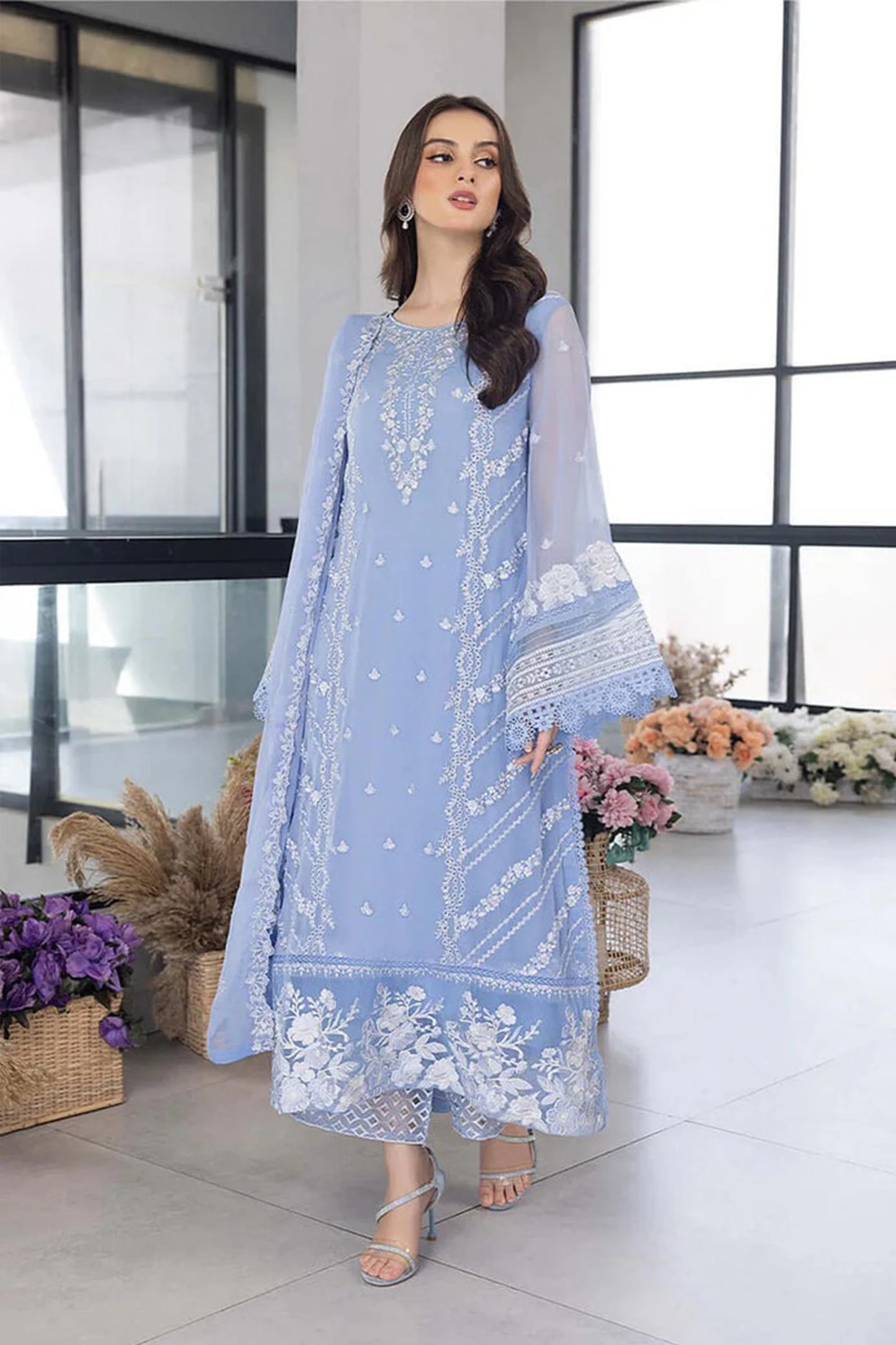 CF1123 - WINTER AZURE -Embroidered 3pc organza dress with organza duppata