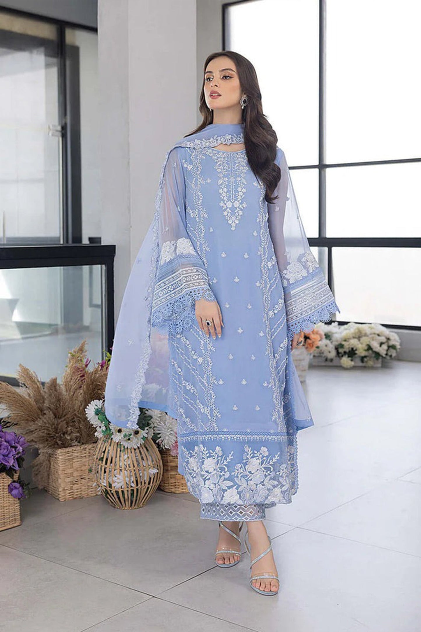 CF1123- WINTER AZURE -Embroidered 3pc organza dress with organza duppata