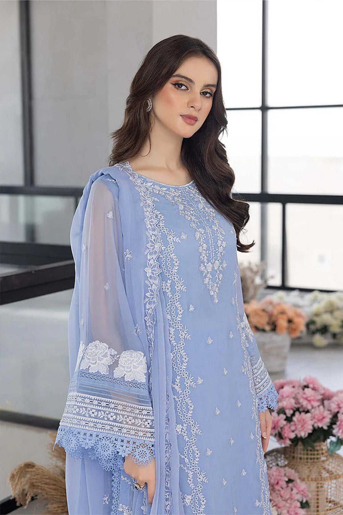 CF1123- WINTER AZURE -Embroidered 3pc organza dress with organza duppata