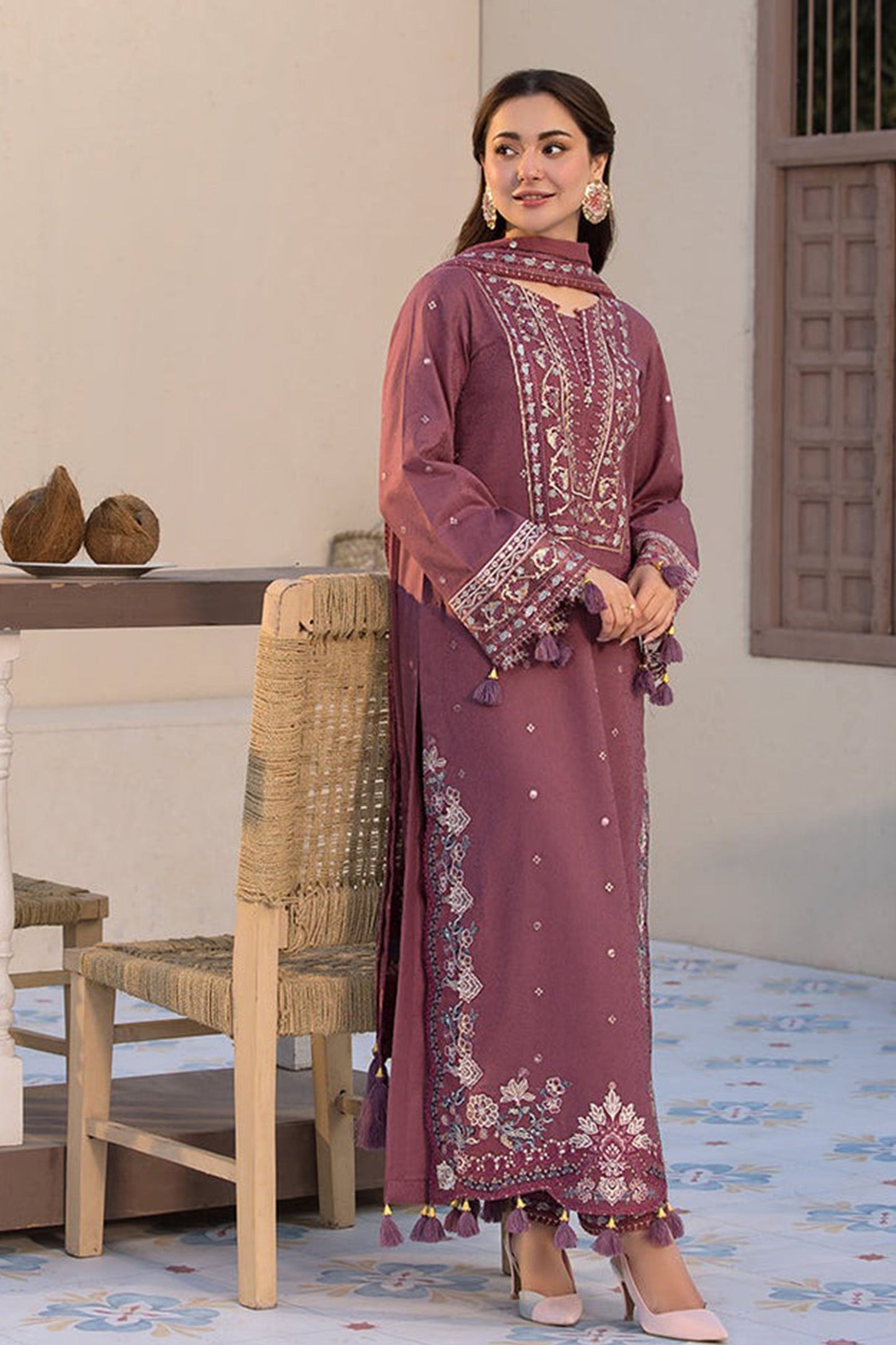 CF1125-3PC DHANAK EMBROIDERED SHIRT WITH DHANAK EMBROIDERED SHAWL