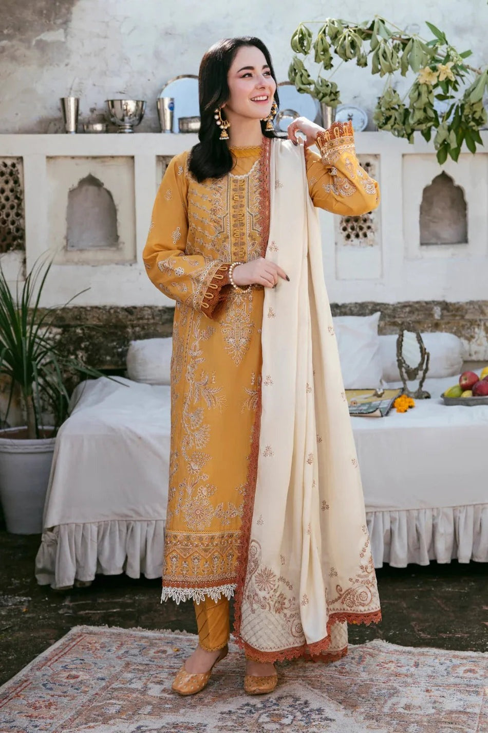 CF1124-3PC DHANAK EMBROIDERED SHIRT WITH DHANAK EMBROIDERED SHAWL