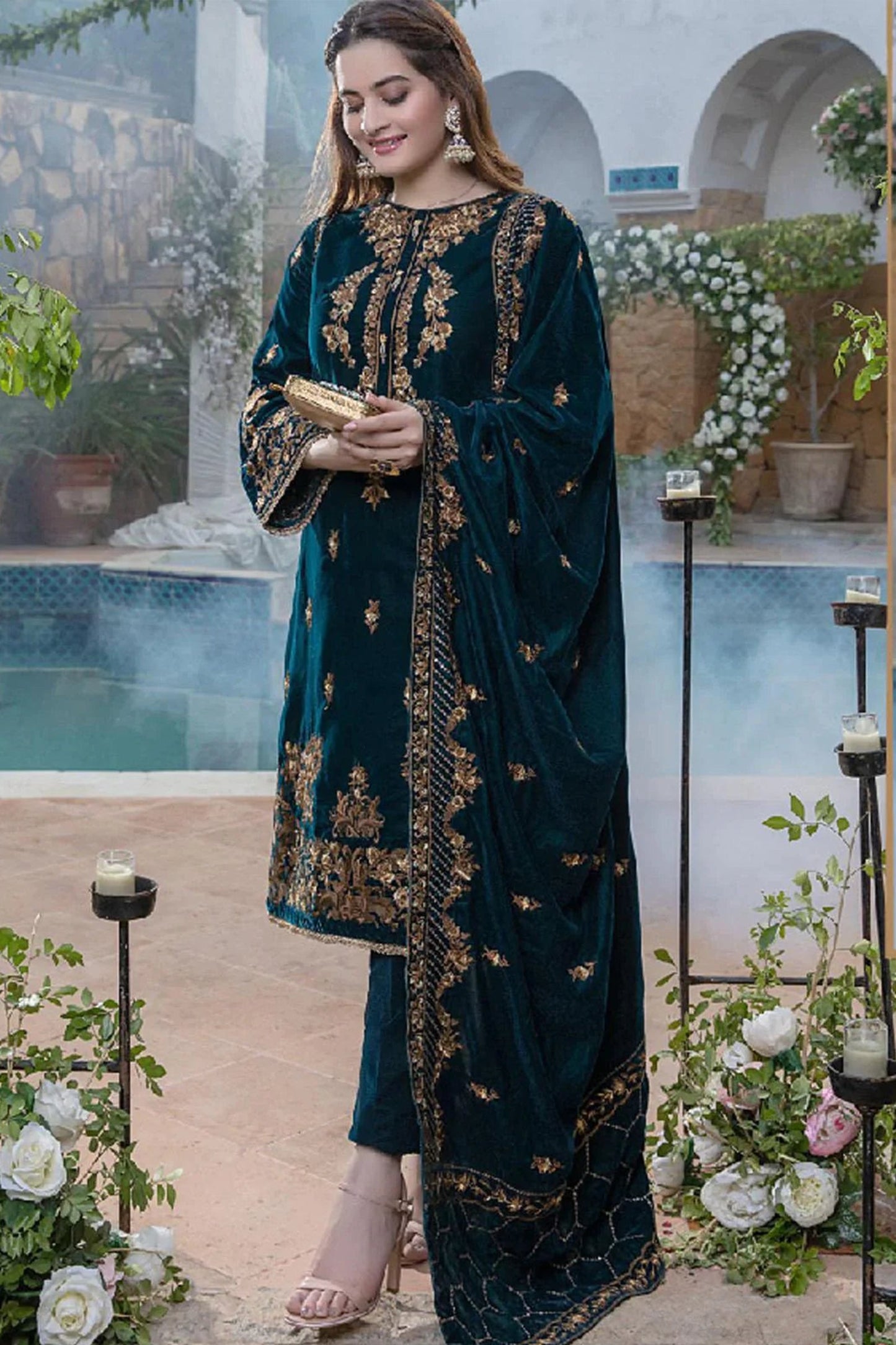 CF402-WINTER Embroidered Velvet Three piece With Velvet Shawl Winter Collection