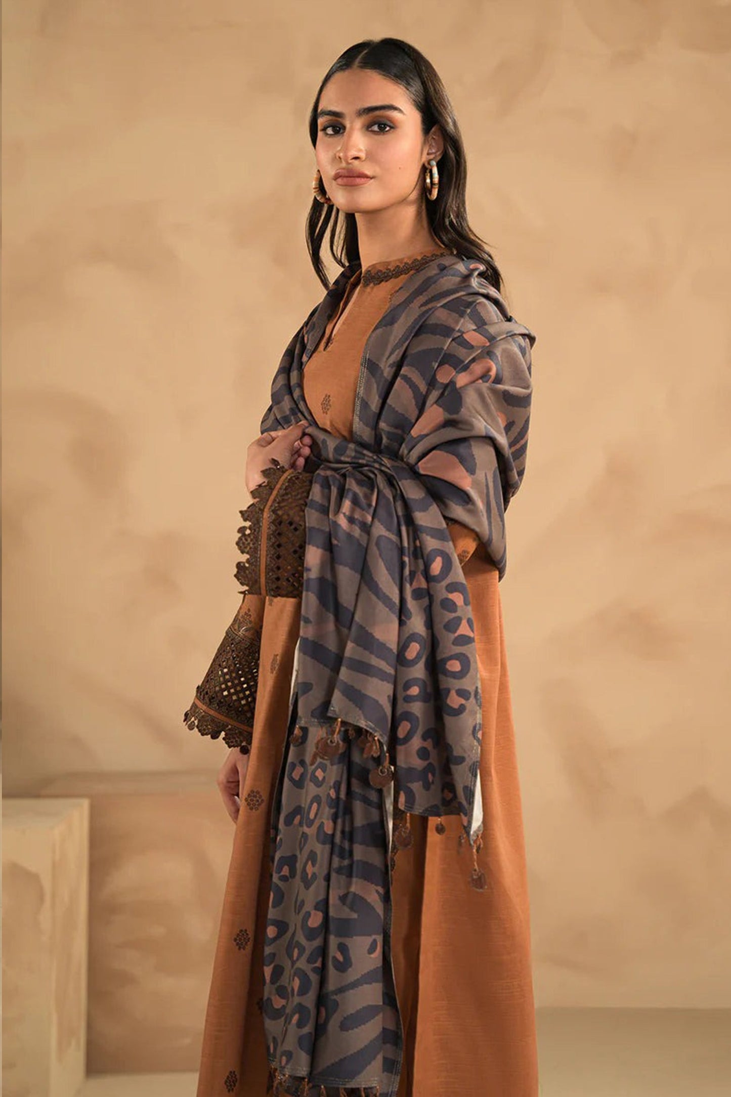 CF631-WINTER 3PC Dhanak Embroidered suit with Printed Shawll