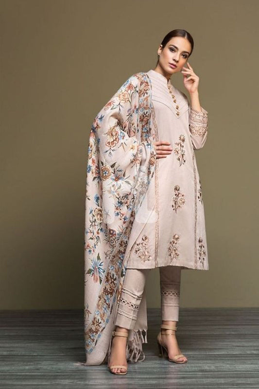 CF589-WINTER 3PC Dhanak Embroidered suit with Printed Shawll
