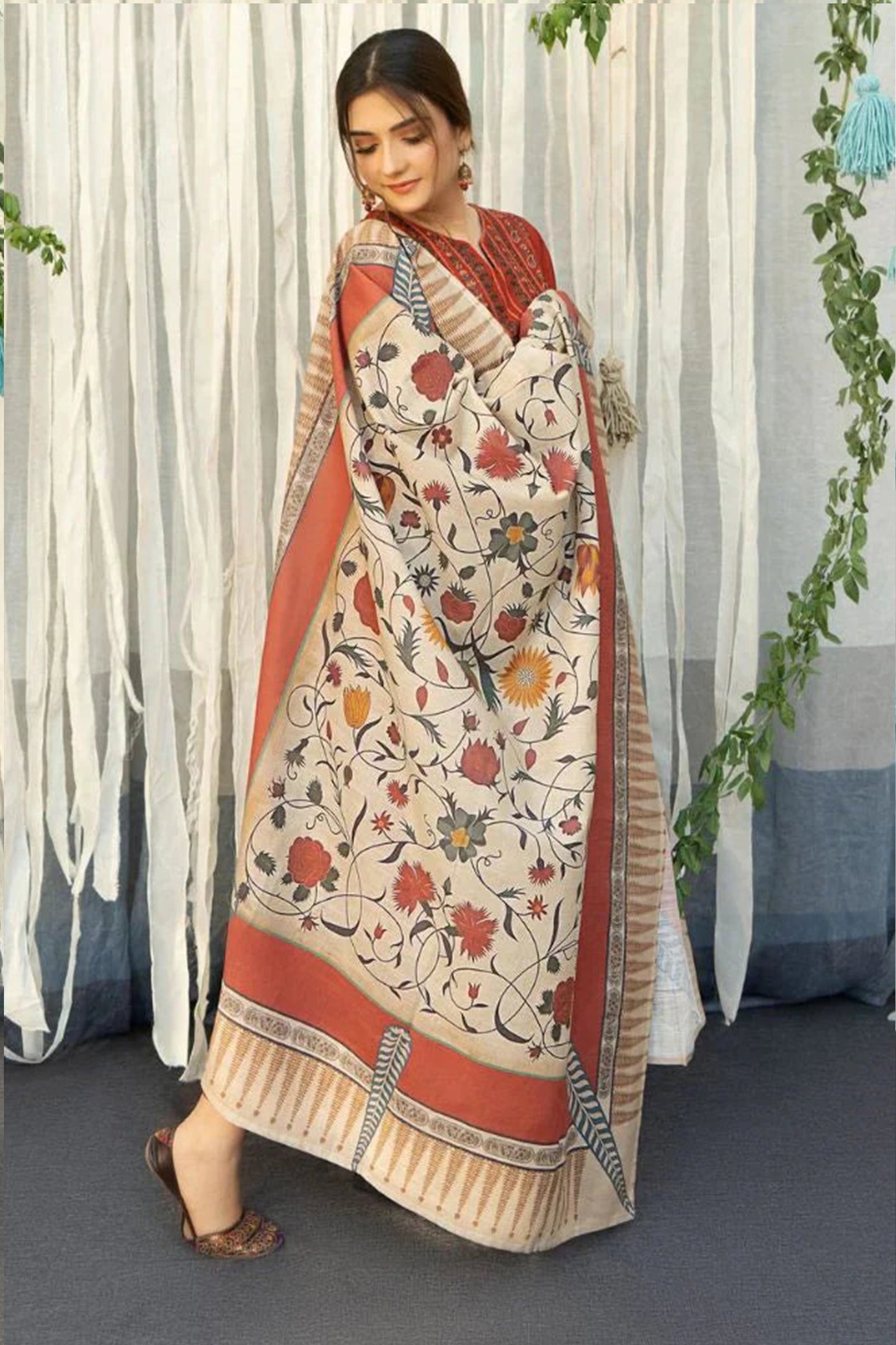 CF914-WINTER 3PC Dhanak Embroidered suit with Printed Shawll