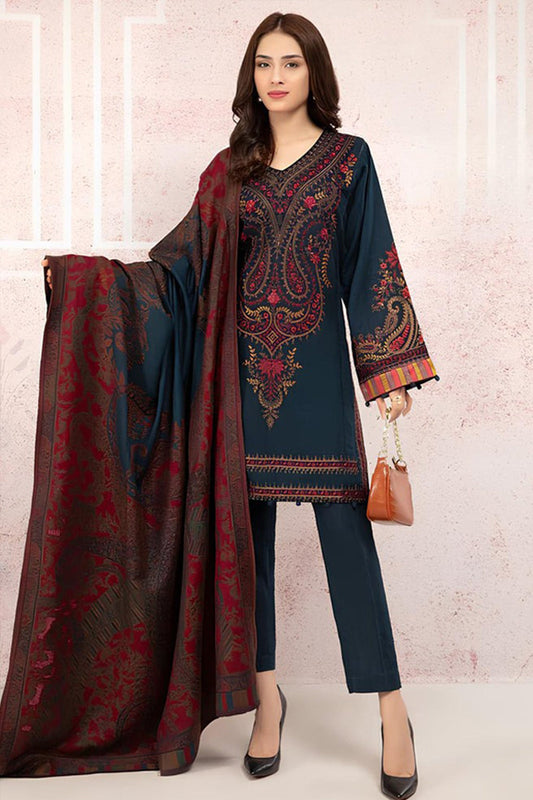 CF582-WINTER 3PC Khaddar Dhanak Embroidered Suit with Printed Wool Shawll