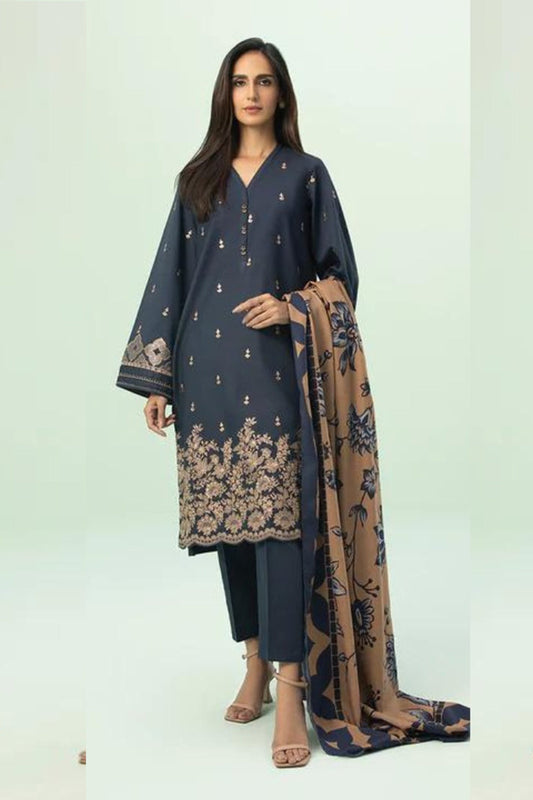 CF588-WINTER 3PC Dhannak Embroidered suit with Printed Shawll
