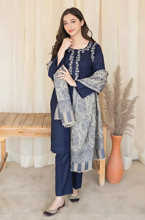 CF627-Asling 3PC Dhanak Embroidered suit with Printed Shawll