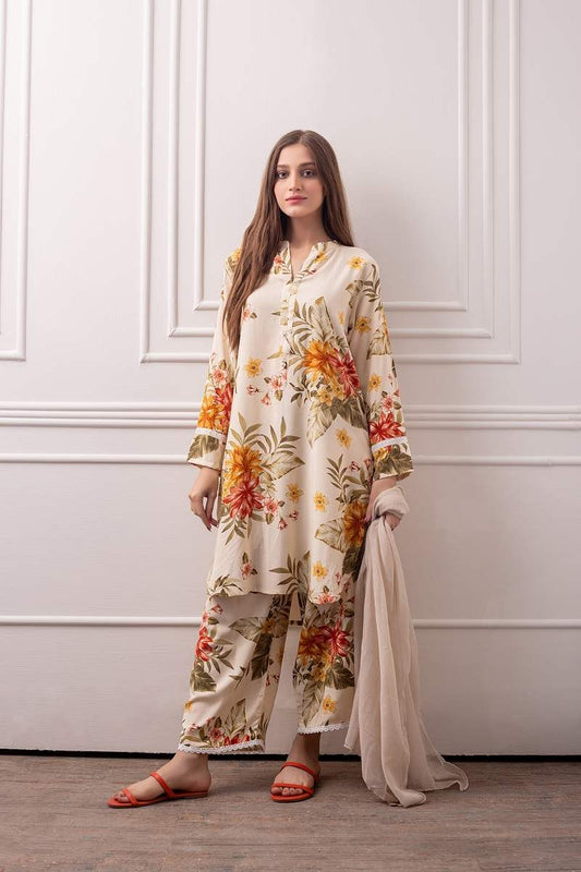 CF723-SUMMER 3 Piece Unstitched Digital Printed Lawn Suit - Plain chiffon Dupatta