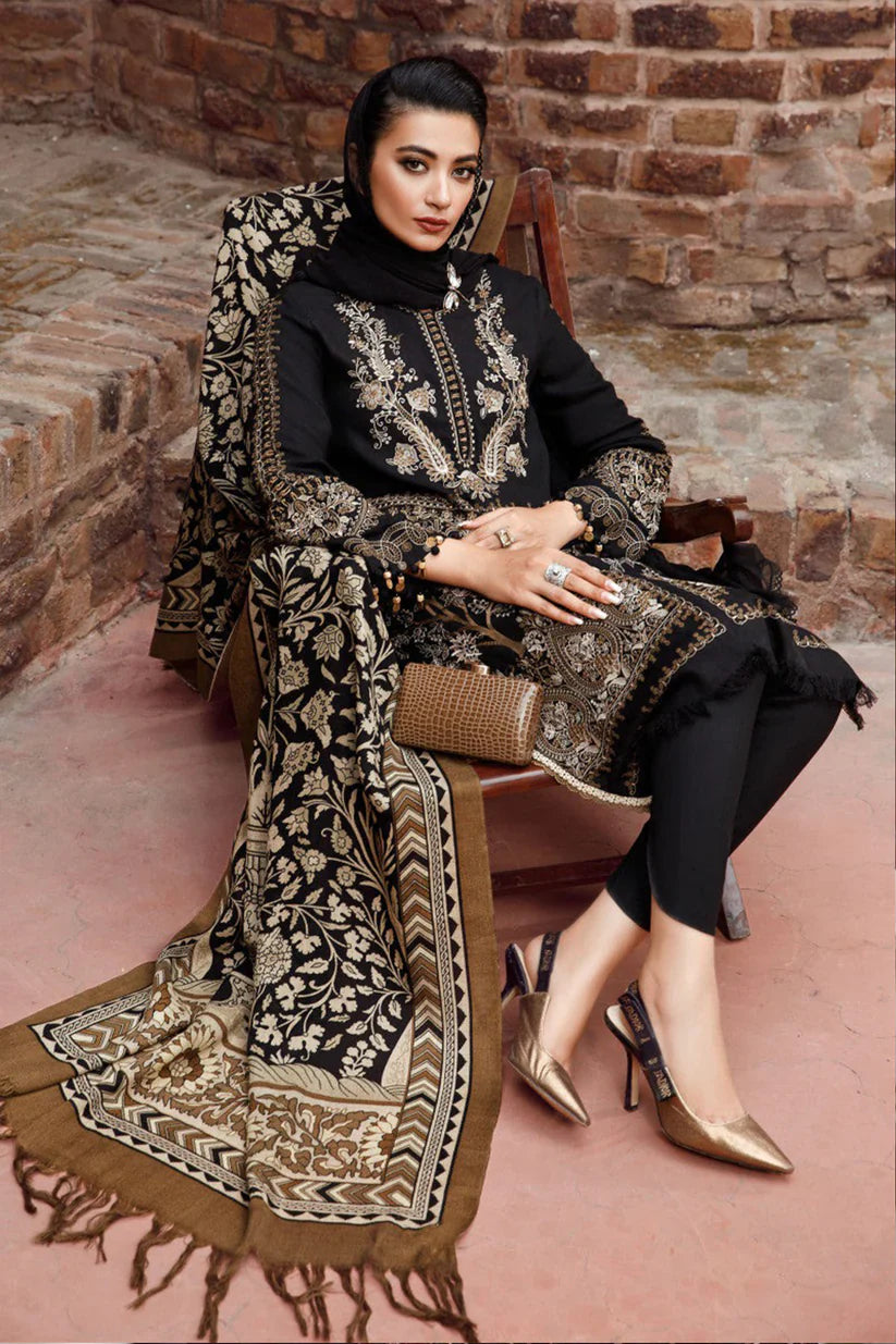 CF877-MARIA B-3PC Dhanak Embroidered suit with Printed Shawll