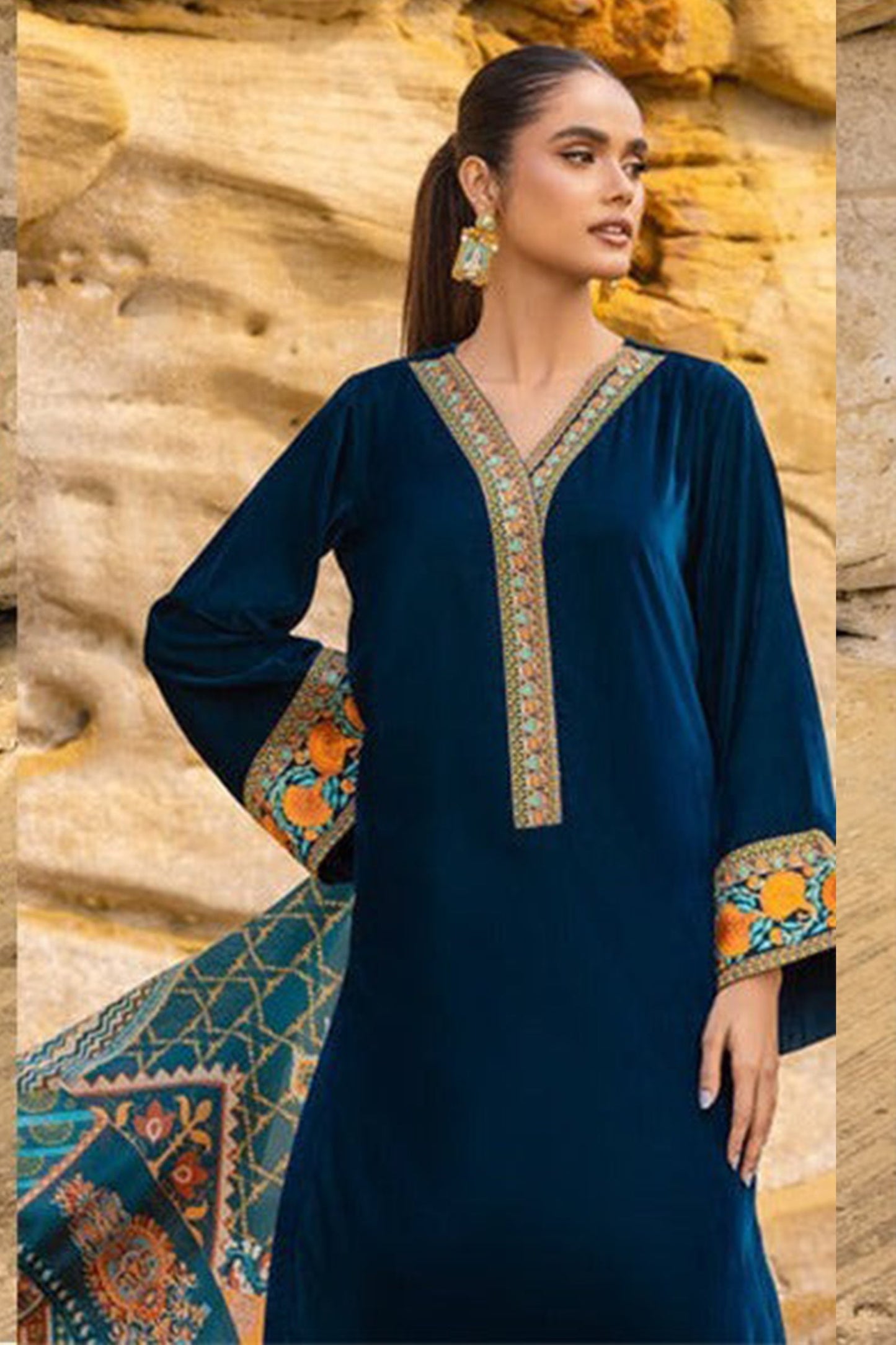 CF821-Winter Velvet Embroidered printed duppatta Winter Collection