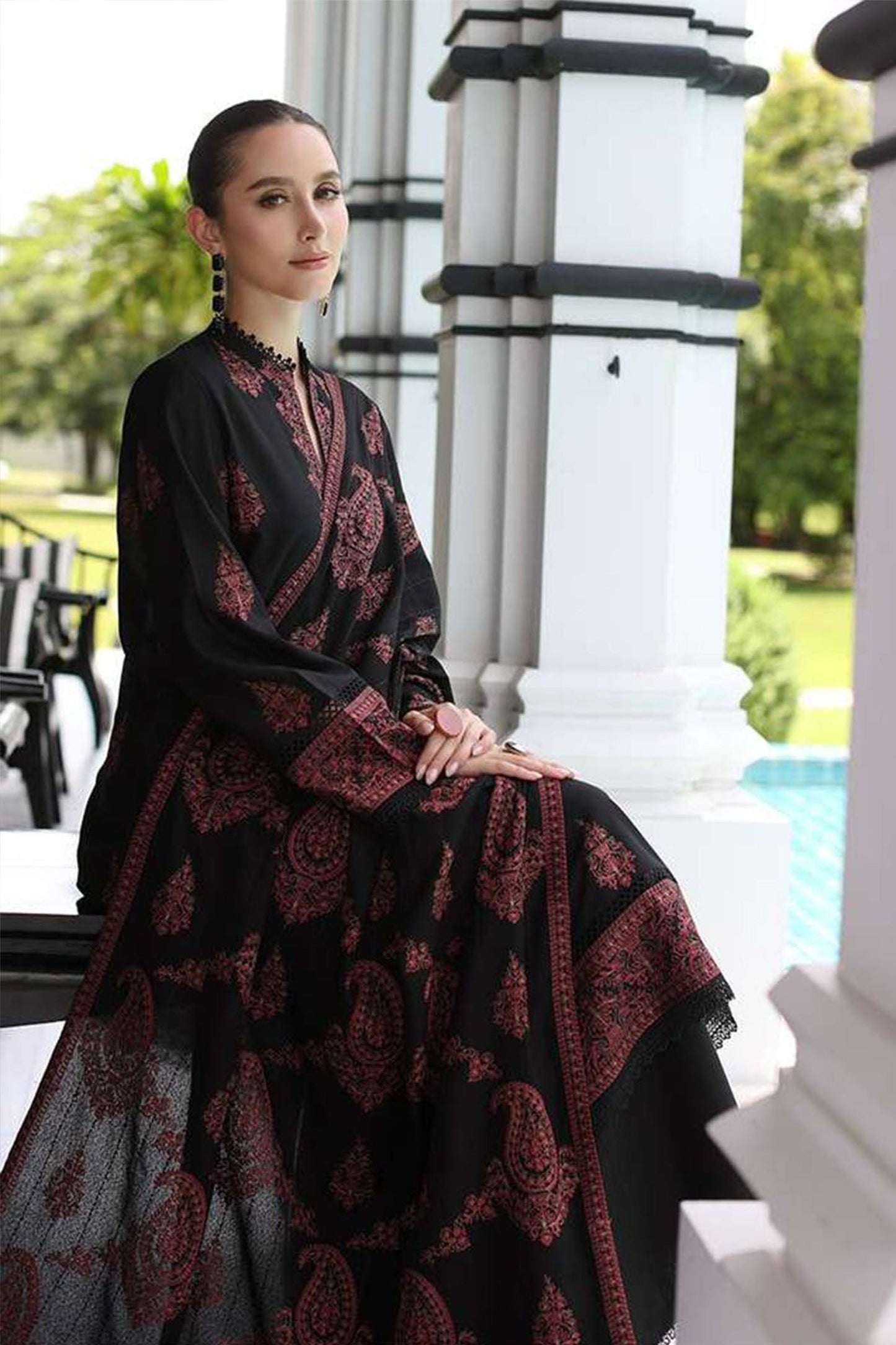 CF823-Maria b-3PC Dhanak Embroidered suit with Printed Shawll