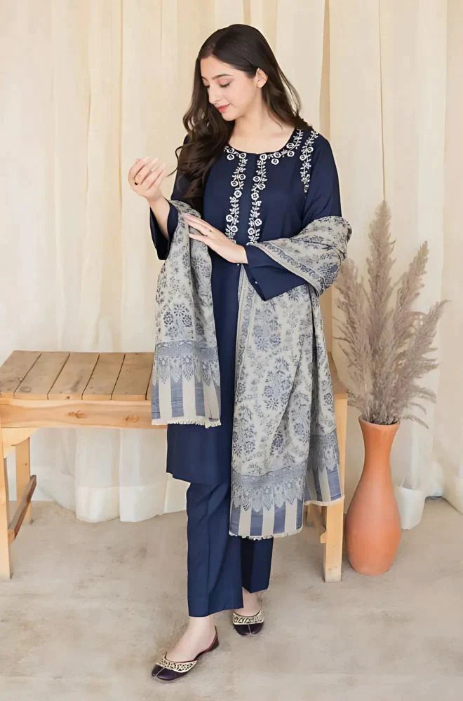 CF627-Asling 3PC Dhanak Embroidered suit with Printed Shawll