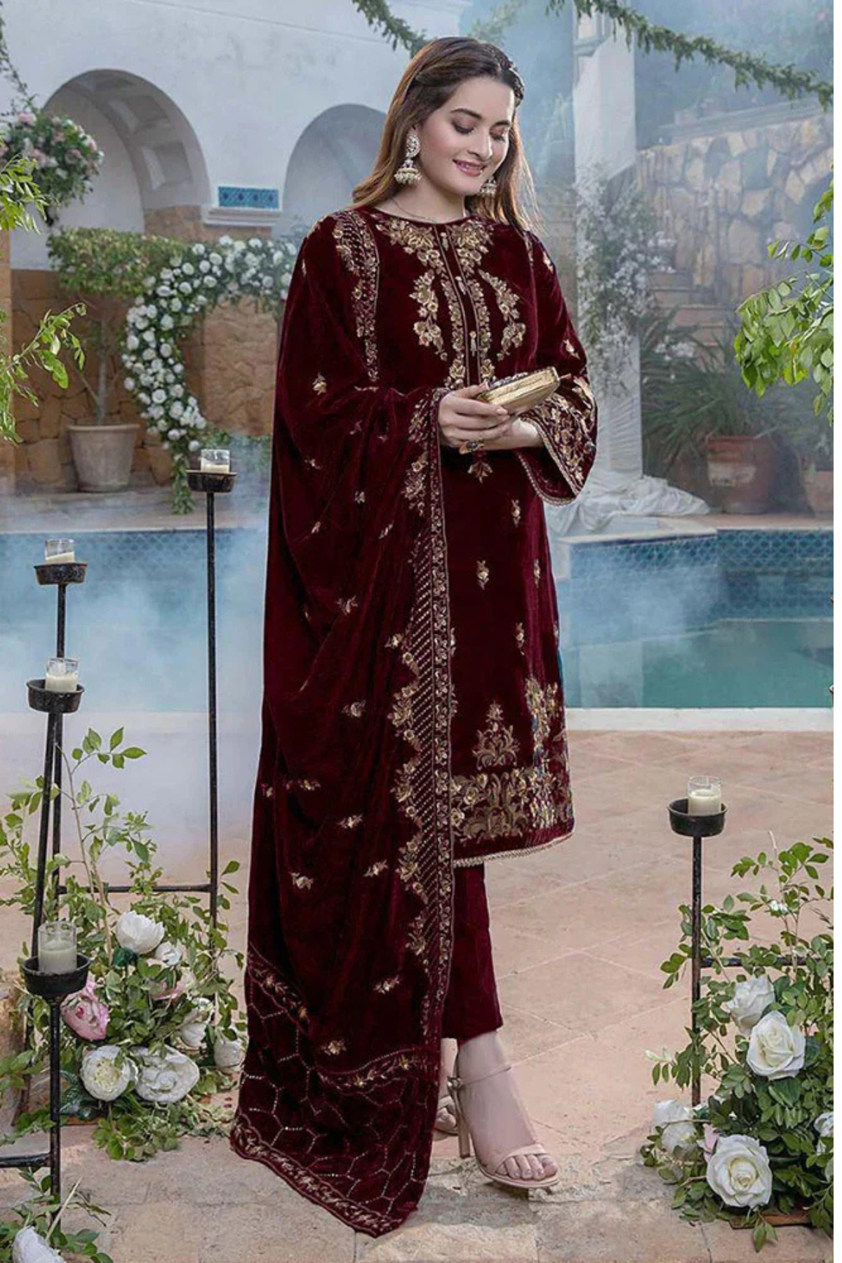 CF401 -WINTER Embroidered Velvet Three piece With Velvet Shawl Winter Collection