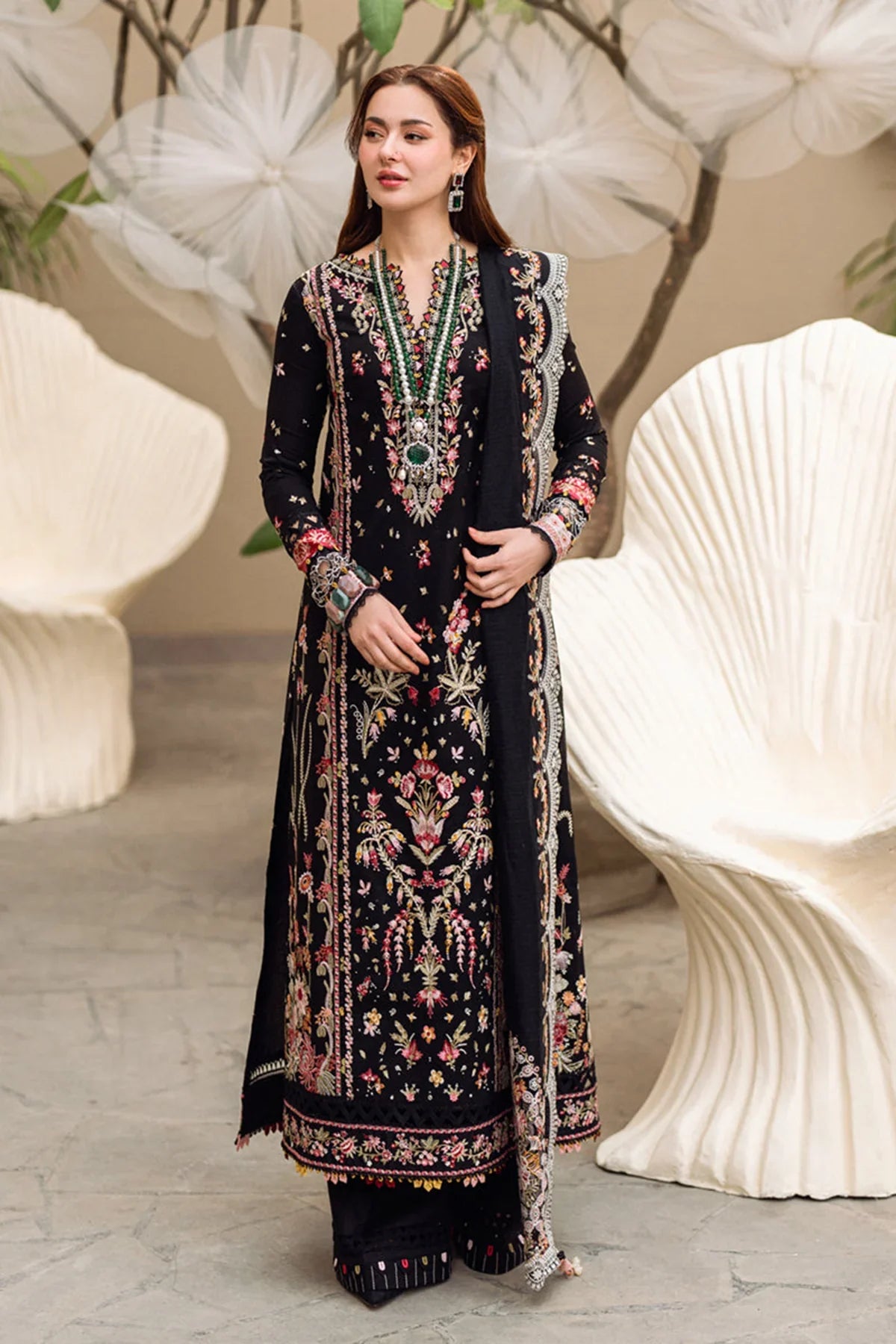 CF1033 - Qalamkar - 3PC Lawn Embroidered Shirt with Embroidered Slub Net Dupatta