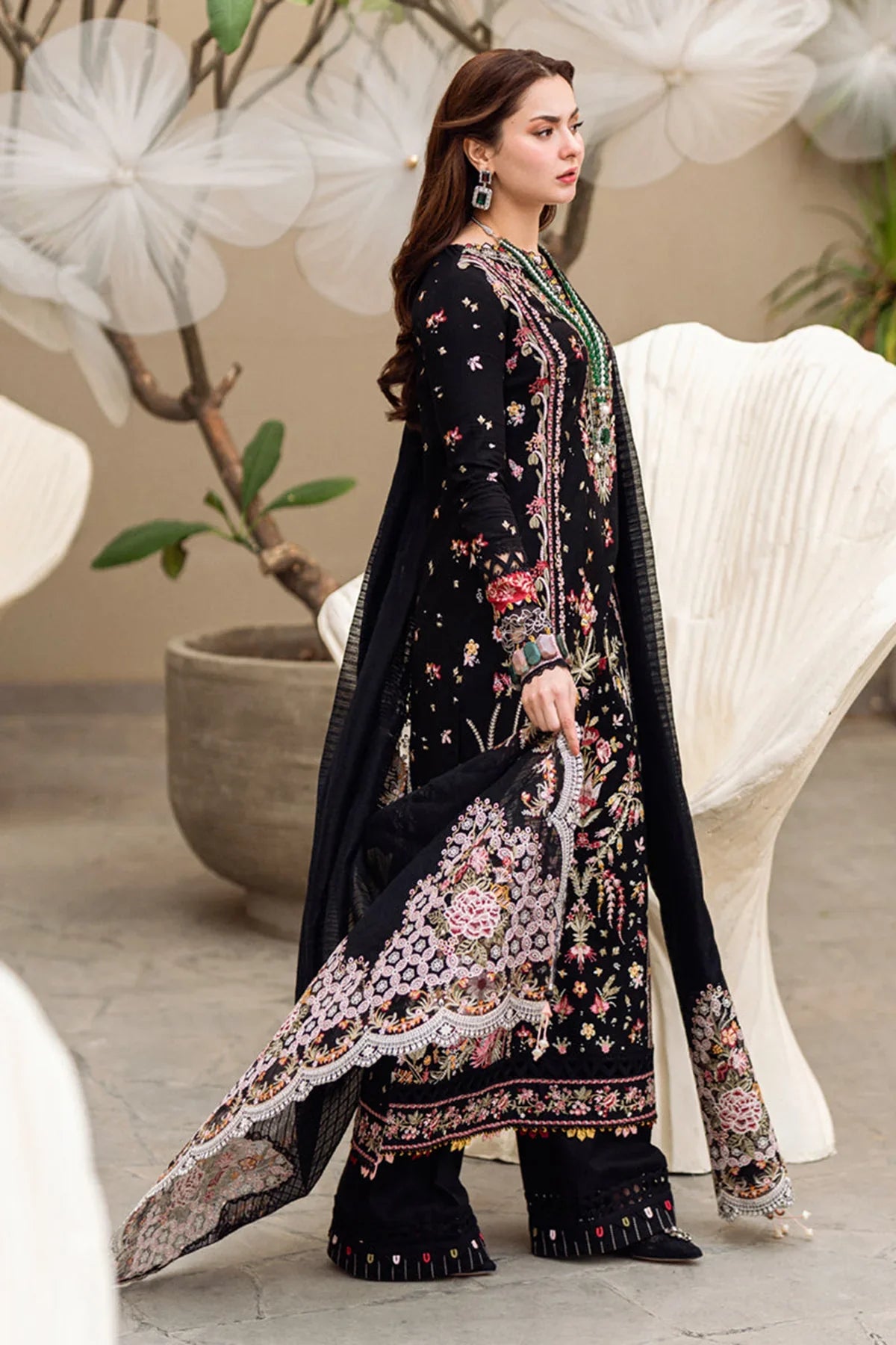 CF1033 - Qalamkar - 3PC Lawn Embroidered Shirt with Embroidered Slub Net Dupatta