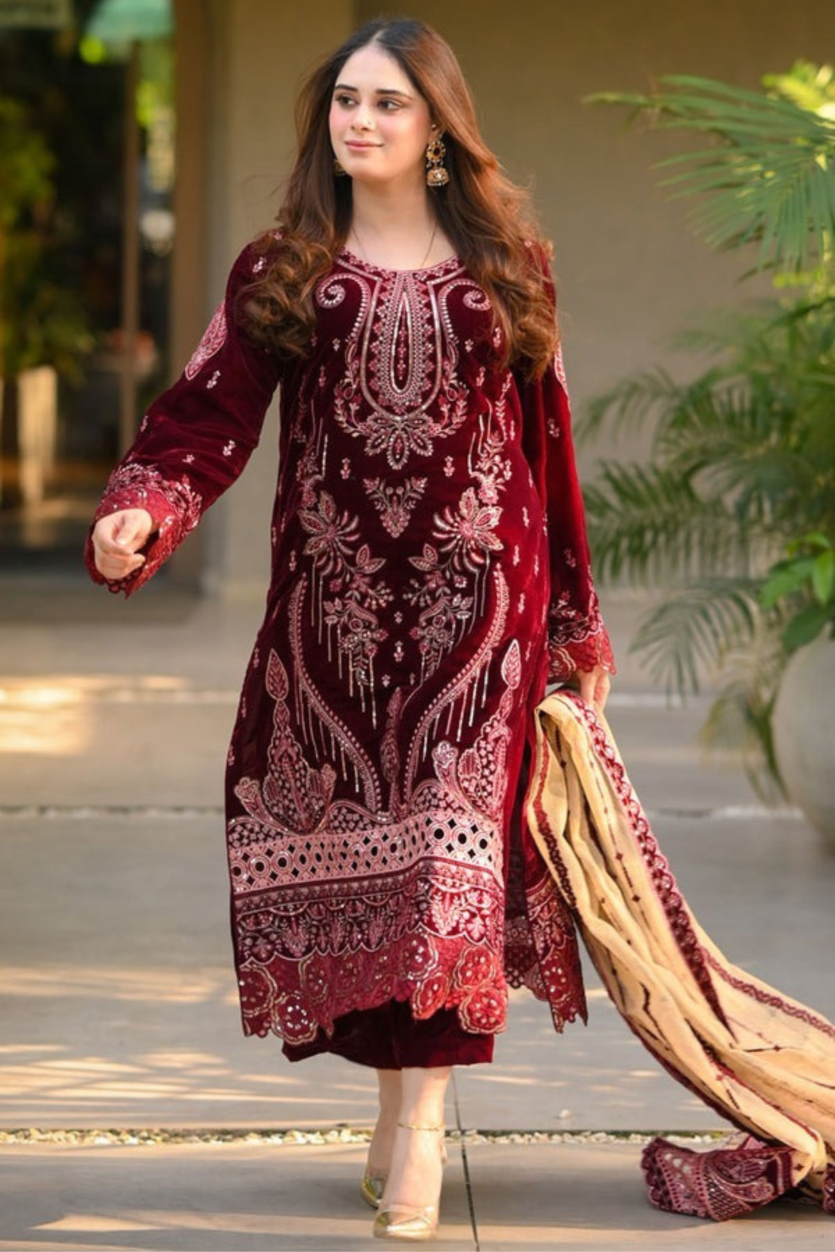 CF1240 Winter Embroidered Velvet Dress With Organza embroidered Dopata