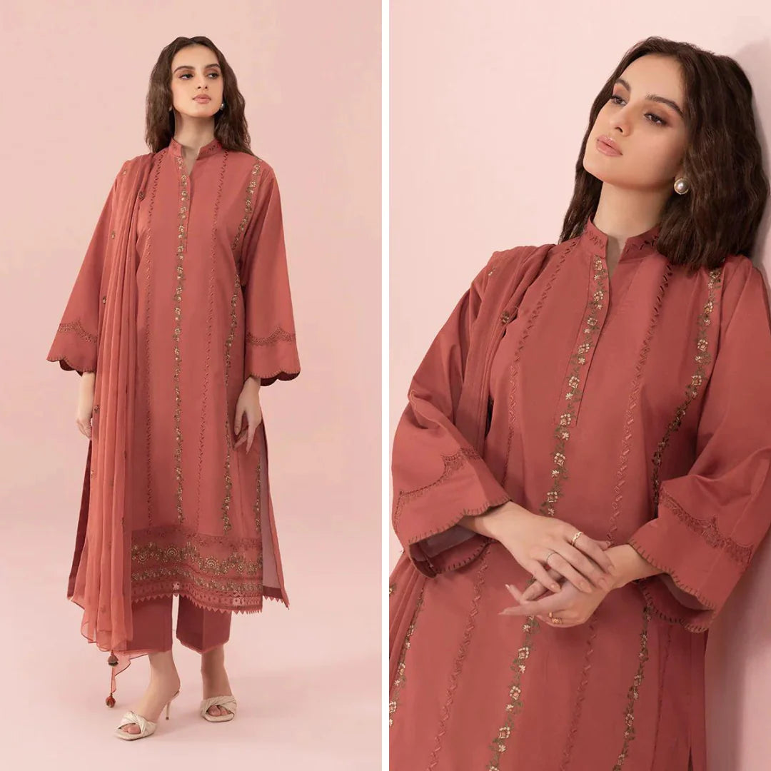 CF731-SUMMER 3PC Lawn Embroidered Shirt With Chiffon Embroidered Dupatta
