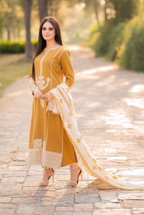 CF1212 WINTER 3-Pc Embroidered Dhanak Suit with Heavy Embroidered Dhanak Shawll