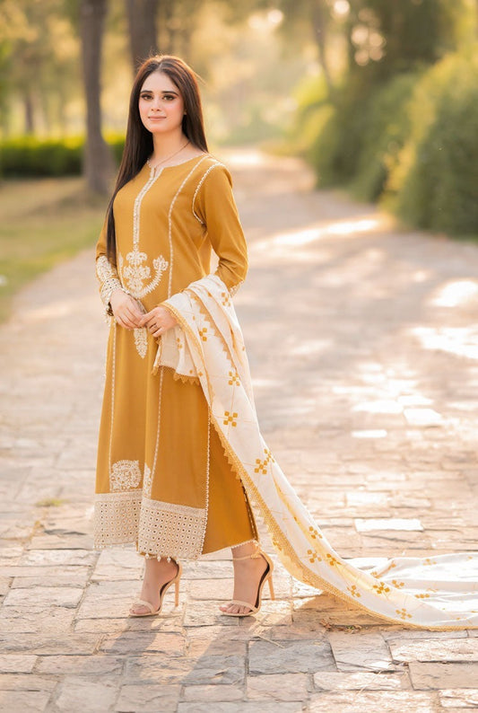 CF1212 WINTER 3-Pc Embroidered Dhanak Suit with Heavy Embroidered Dhanak Shawll