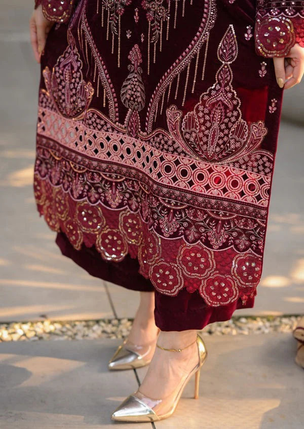 CF1240 Winter Embroidered Velvet Dress With Organza embroidered Dopata