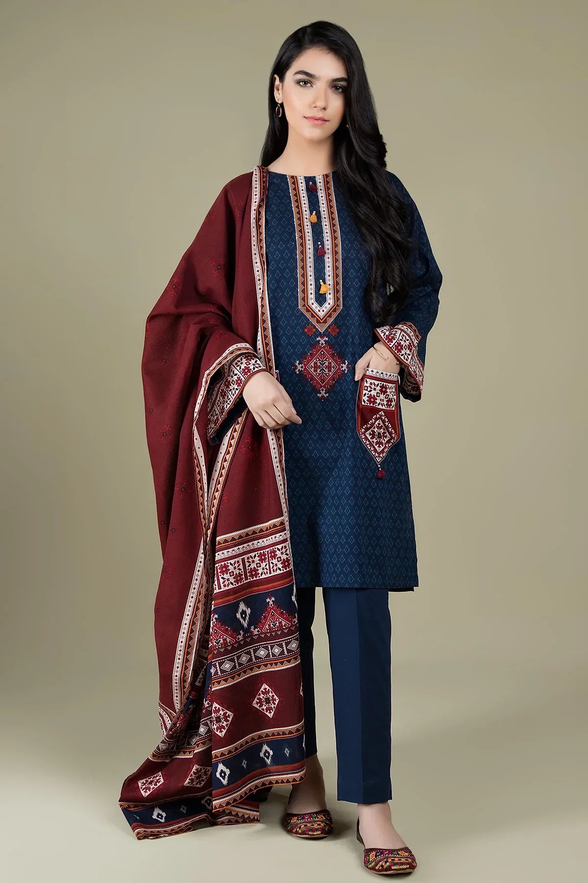 CF416-WINTER  3PC Linen Embroidered suit with  Printed Shawll
