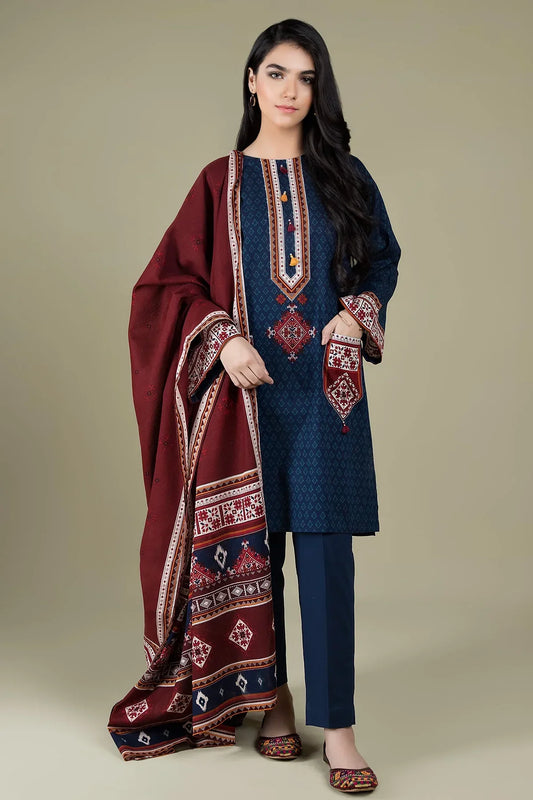 CF416-WINTER  3PC Linen Embroidered suit with  Printed Shawll