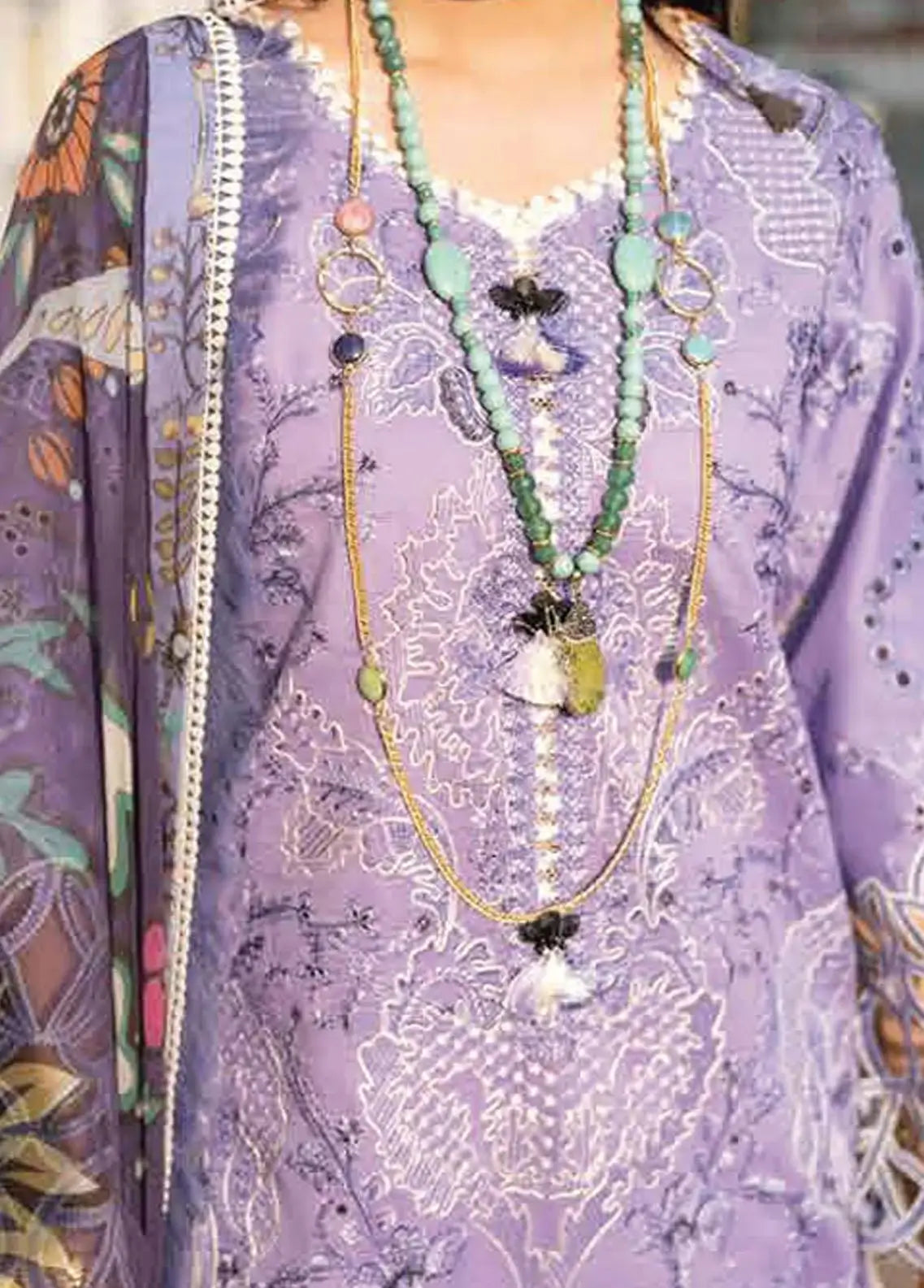 CF132-3 Piece Unstitched Heavy Embroidered Lawn Suit With Digital Printed Silk Dupatta