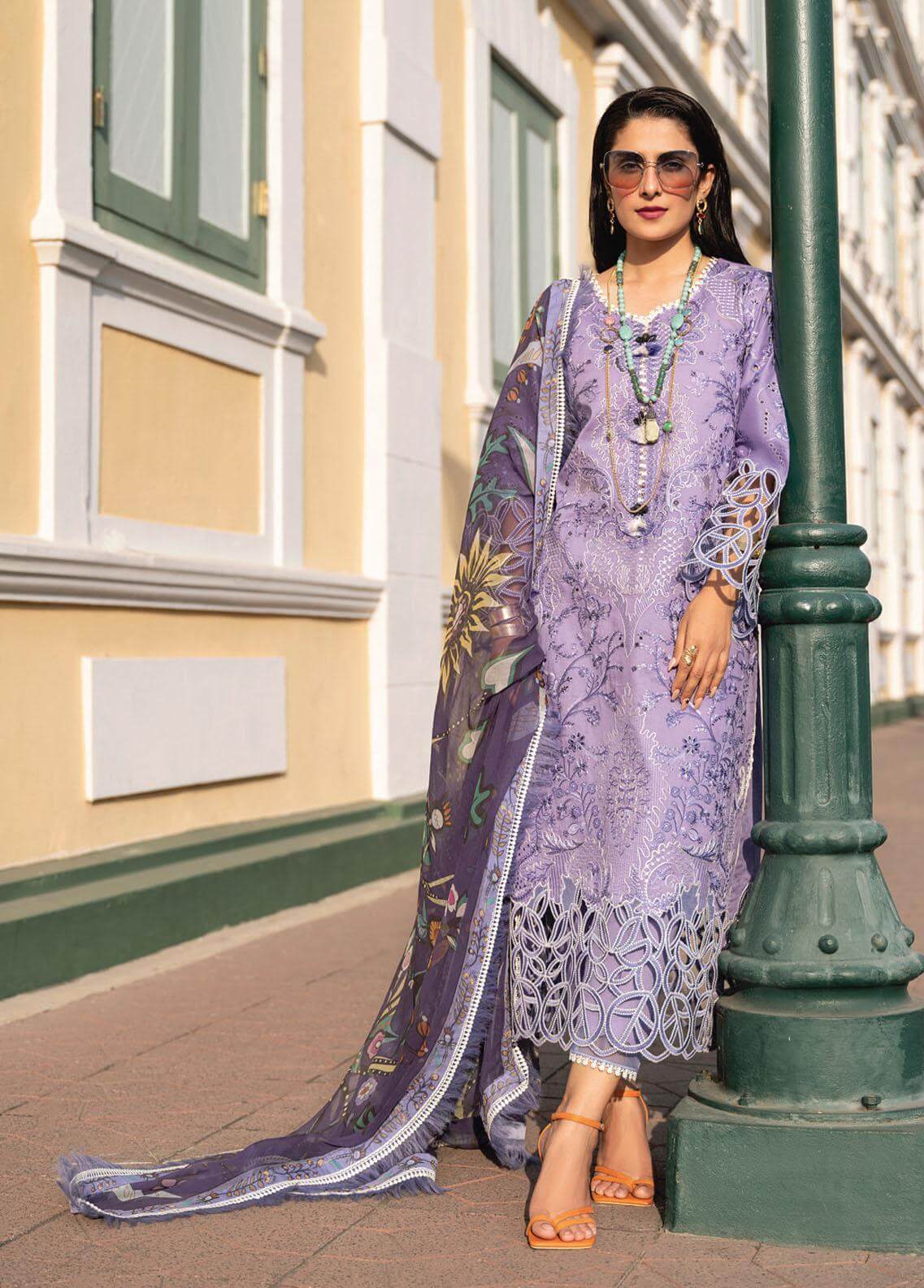 CF132-3 Piece Unstitched Heavy Embroidered Lawn Suit With Digital Printed Silk Dupatta
